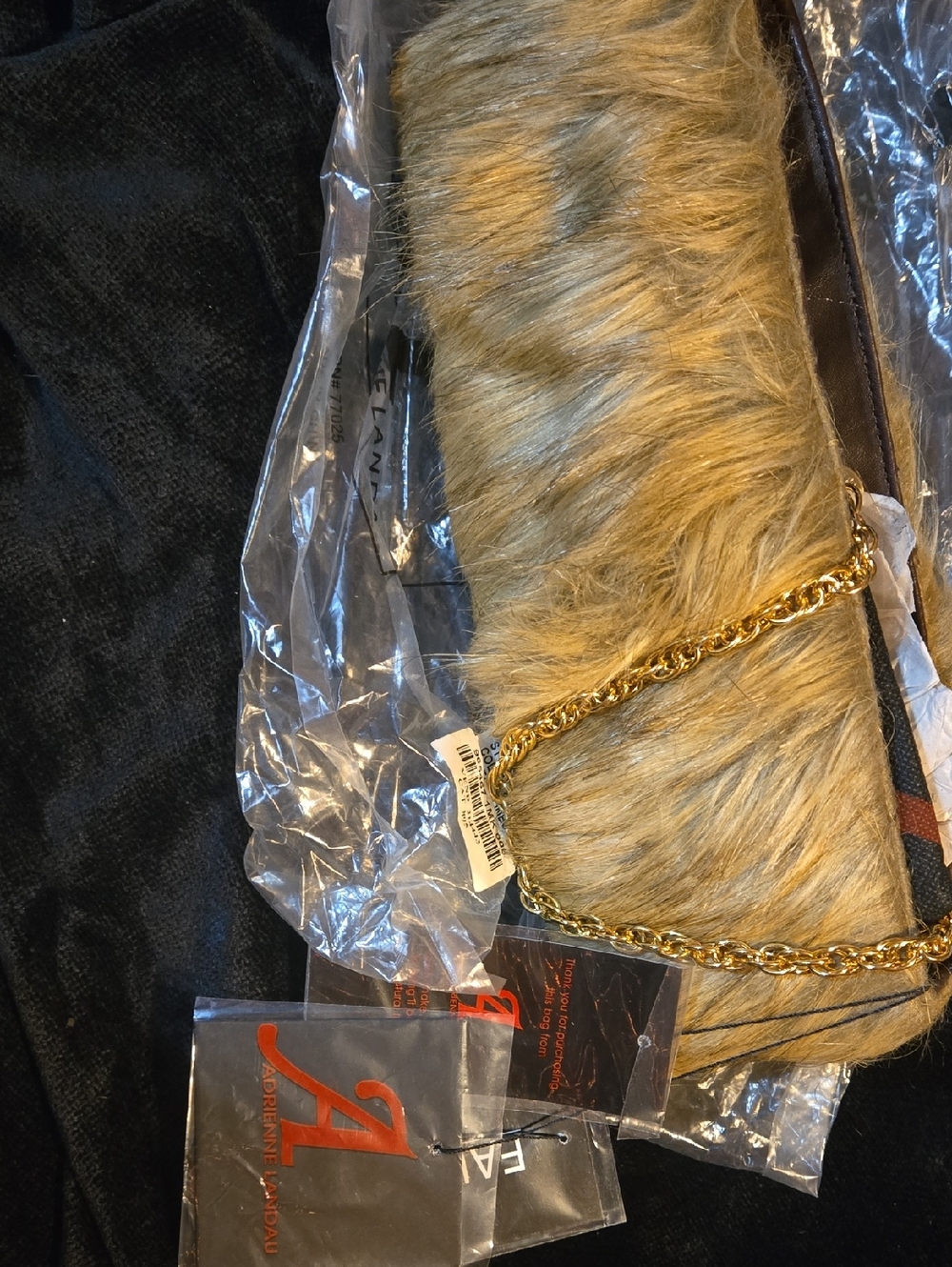 Adrienne Landau Faux Fur Crossbody in Golden Taupe with Gold Chain